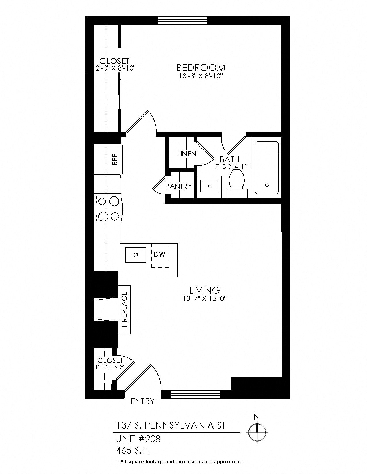 Floor plan for 1 bed, 1 bath, 465 sqft